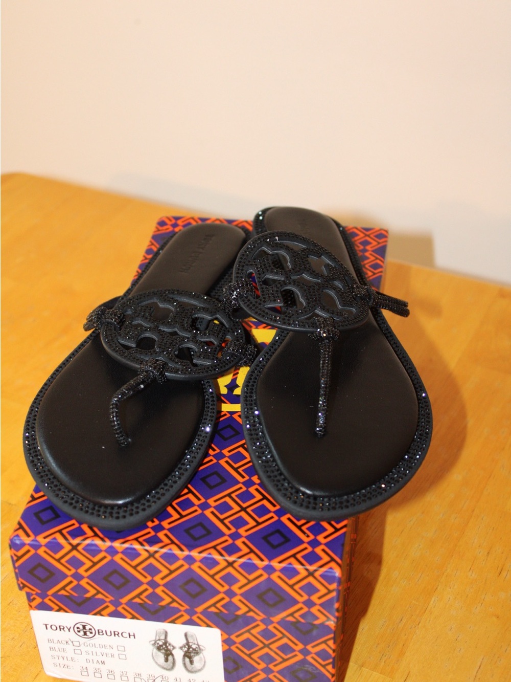 Tory Burch Black Glitter Logo Thong Sandals